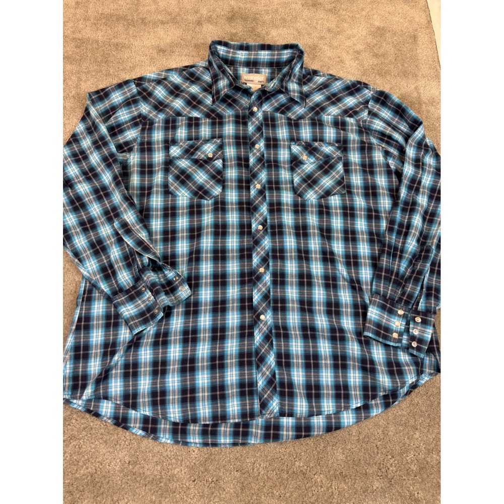 Wrangler Wrancher Mens 2XL Blue Black Plaid Western Pearl Snap Long Sleeve Shirt